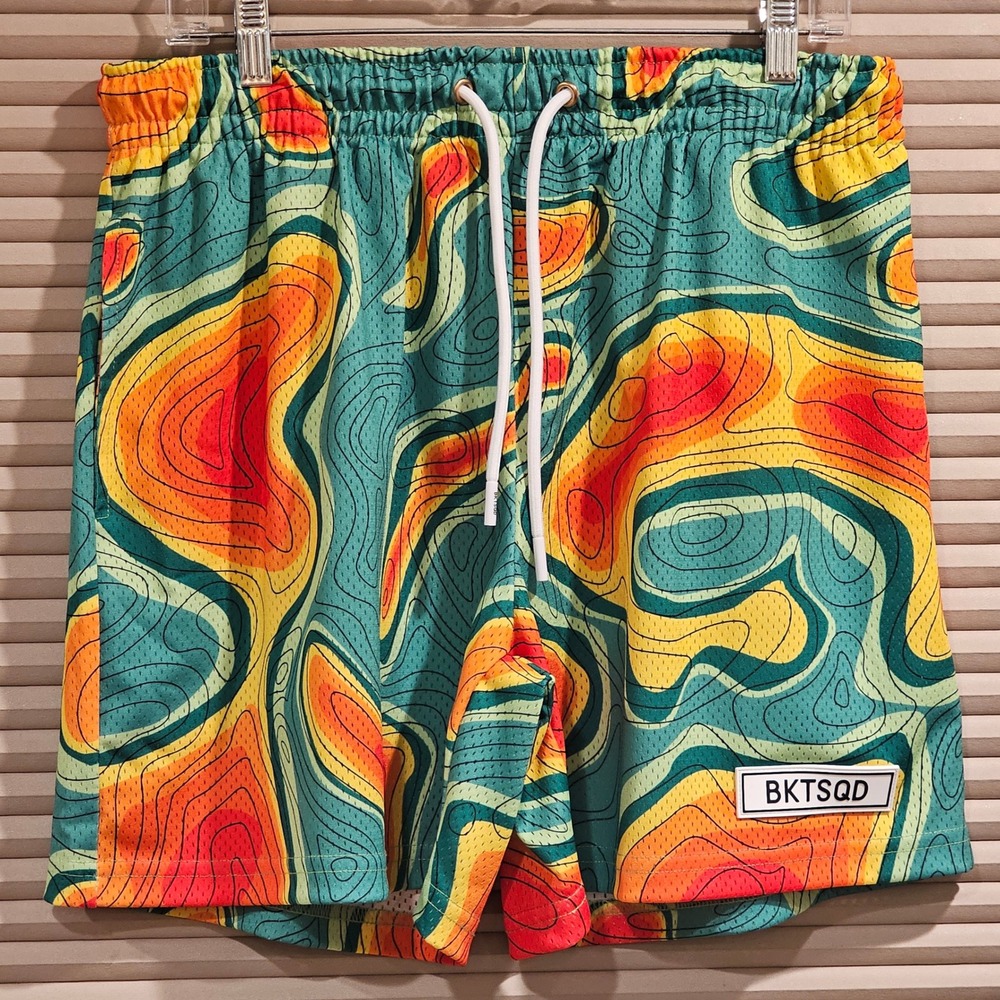 BKTSQD‎ Mens Topographic Mesh Basketball Shorts Teal Orange Yellow Made in USA